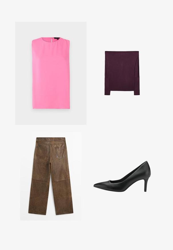 Theory STRAIGHT SHELL MODE - Top - bright pink; Langærmet top i dyb lilla stof med en glat tekstur; har sidestykke accenter og en afslappet pasform med en bred halsåbning.; Brune læder vide bukser med to baglommer og synlig syning, vist fra bagsiden på en hvid baggrund.; Sort læder højhælet sko med spidse tå, der har et udskæringsdesign og en slank stiletto hæl. Glat tekstur og strømlinet silhuet.