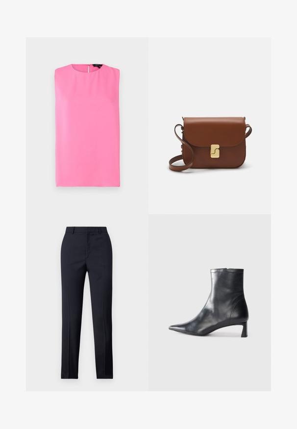 Theory STRAIGHT SHELL MODE - Top - bright pink; Marineblaue Tailored-Hosen mit geradem Schnitt, ausgestattet mit glattem Material, zwei frontalen Taschen und einem schlichten Bund.; Schwarze Lederstiefelette mit spitzer Zehe und schlankem Design. Verfügt über einen niedrigen Absatz und einen Reißverschluss hinten. Glatte Textur.; Braune Ledertasche mit Klappenverschluss, Beschlägen in Goldfarbe, einem Schultergurt und einer glatten Oberfläche. Kompakte rechteckige Form.