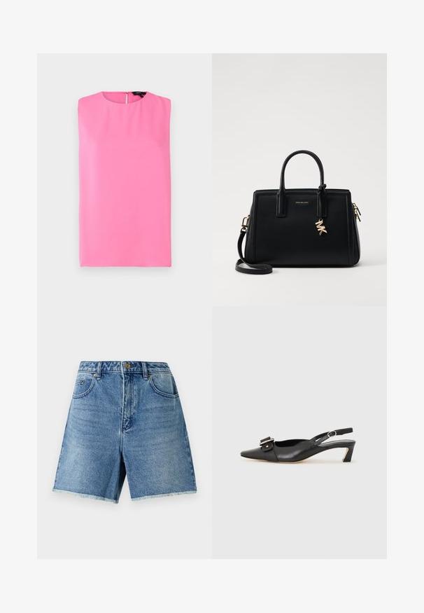 Theory STRAIGHT SHELL MODE - Viršus - bright pink; Šviesiai mėlynos džinsinės šortai su aukštu liemeniu, mygtukų uždarymu, priekinių kišenių ir nepabaigtu apvadu, užtikrinančiu laisvą prigludimą.; Juodas odinis slingback batelis su smailiu nosiu, maža pakulne ir dekoratyvine sagtimi viršuje. Lygus paviršius, minimalistas dizainas.; Juodas odinis rankinė su struktūrizuotu dizainu, dviem viršutinėmis rankenėlėmis, nuimamu petiniu dirželiu, auksiniais akcentais ir logotipo pakabuku.