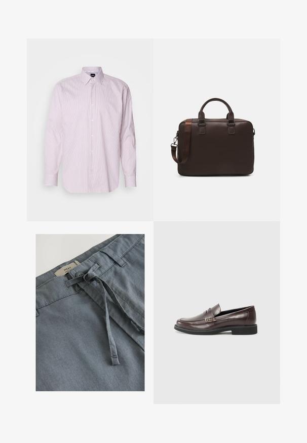 Bela srajca z drobnimi rdečimi navpičnimi črtami, s kravato na gumb, dolgimi rokavi in jasnim logotipom na ovratniku. Zmesi bombaža.; Sivi tkaninski šortci z mehko teksturo, z vozlanjem za zategovanje in zankami za pas. Oznaka pri pasu označuje blagovno znamko "NEXT".; Rjavi usnjeni loaferji z gladko površino, ki imajo subtilne kvačkane detajle na zgornjem delu in črno gumijasto podplato.; Rjava usnjena torba za prenosni računalnik z teksturirano površino, dvema zgornjima ročajema, nastavljivim trakom in dvema sprednjima sponkama za dodatne podrobnosti.