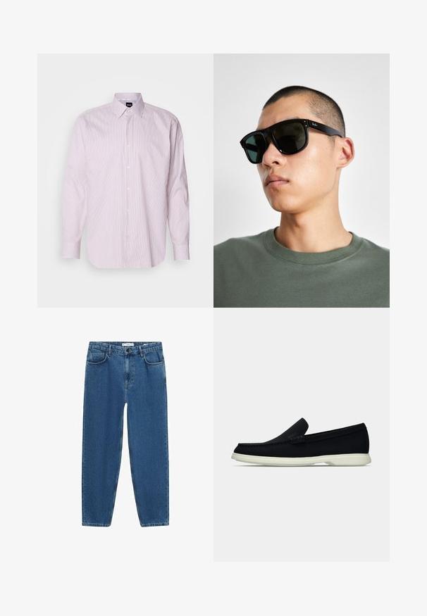 Cămașă albă cu dungi verticale fine roșii, guler cu butoni, mâneci lungi și un logo vizibil pe guler. Material din amestec de bumbac.; Jeans din denim de culoare bleu deschis cu un design drept, având un stil clasic cu cinci buzunare și o închidere cu nasture la talie.; Pantof negri slip-on cu vârf rotunjit, având un superior texturat, o talpă albă netedă și un detaliu de branding subtil pe lateral.; Ochelari de soare rectangulari negri cu lentile închise, având o formă distinctivă și branding pe templu. Purtați de o persoană într-o cămașă verde.