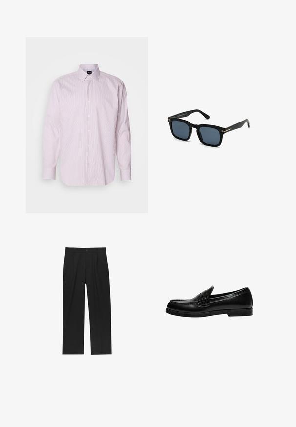 Valkoinen kauluspaita, jossa on hienoja punaisia pystysuoria raidoita, nappikaulus, pitkähihaiset hihat ja kirkas logo kauluksessa. Puuvillasekoitemateriaali.; Mustat housut suoranlahkeisella muotoilulla, valmistettu sileästä kankaasta. Ominaisuuksiin kuuluu etupleateet ja yksi nappikiinnitys vyötäröllä.; Musta nahka loaferi, jossa on sileä pinta, ja joka sisältää ommeltuja yksityiskohtia vampissa sekä matalan, kiinteän mustan kumipohjan.; Mustat neliömäiset aurinkolasit tummilla linsseillä, mattapintaiset ja kultaiset metalliset yksityiskohdat temppeleissä, minimalistinen muotoilu.