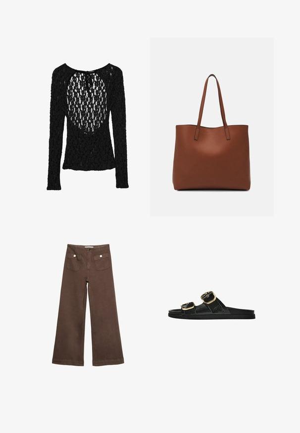 Crna majica dugih rukava s teksturiranim, otvorenim pletenjem, s širokim izrezom i vezanjem na leđima.; Smeđe široke hlače od pamuka, s dva prednja džepa sa srebrnim dugmadima i glatkom teksturom.; Crne sandale na klizanje s dva zlatna akcenta u obliku kopči, glatkog teksturiranog materijala, ravnim potplatom i minimalističkim dizajnom.; Smeđa kožna torba preko ramena s glatkom teksturom, otvorenim vrhom i dvjema naramenicama. Ima minimalne šavove i nema vidljivog hardvera.