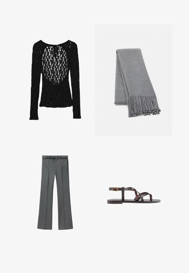 Crna majica dugih rukava s teksturiranim, otvorenim pletenjem, s širokim izrezom i vezanjem na leđima.; Sive prilagođene hlače ravnog kroja, od lagane tkanine, s petljama za remen i uskim remenom sa srebrnom kopčom.; Smeđe kožne sandale s iskrižanim trakama, umetkom za zapešće s kopčanjem i ravnim potplatom s minimalnim detaljima šivanja.; Siva vuna šal s mekom teksturom, s resama na rubovima i jednostavnim dizajnom. Neatno presavijen, ističući svoj izduženi oblik.
