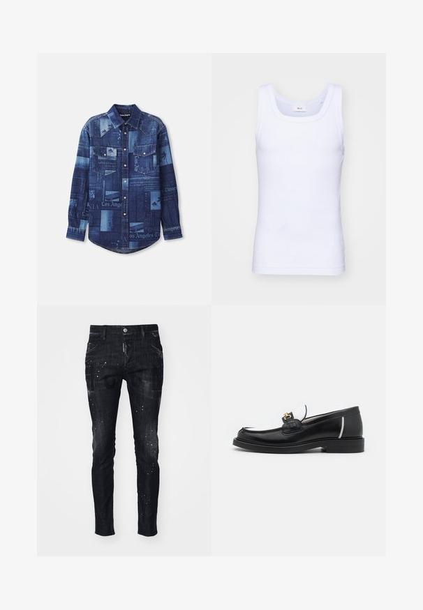 Džinsu krekls dažādos zilo toņos, ar avīžu drukas rakstiem, divām krūšu kabatām un spiedpogu aizdari. Klasiska apkakle.; Balta kokvilnas bez piedurknēm tank top krekliņš ar apaļu kakla izgriezumu, ar gludu tekstūru un pieguļošu formu, paredzēts ikdienas valkāšanai.; Melni plāna silueta džinsa bikses ar nodiluma efektu, splatter rakstu un priekšējām kabatām. Uz priekškāja redzams zīmola logotips.; Melnas ādas loferes ar noapaļotu purngalu, baltajiem akcentiem un zeltainām detaļām uz vamp. Iespējams, teksturēts pleksis un sakrauta papēža.