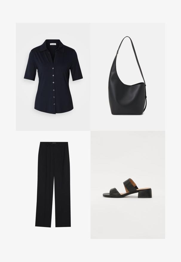Navy short-sleeve blouse with a collar, featuring a button-down front and subtle sheen. Made from smooth fabric with a classic fit.; Black trousers with a straight-leg design, featuring two front pockets and a waistband. Made from a smooth, lightweight fabric.; Black leather sandal with two wide straps across the foot, a square toe, and a low block heel. Smooth texture and minimal design.; Black leather hobo bag with a smooth texture, curved shape, and single adjustable strap; features a wide opening at the top.