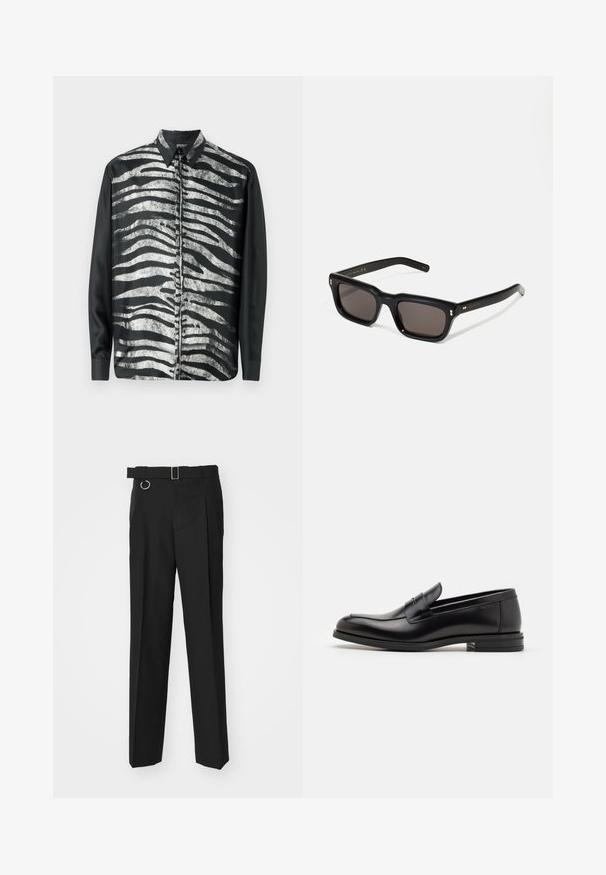Mustavalkoinen pitkähihaisen paidan, jossa on seepra-ruutu kuvio, kiiltävä pinta ja perinteinen kaulussuunnittelu.; Études LOOSE SUIT PANT - Puvunhousut - black; Mustat nahkakengät, joissa on sileä pinta, pyöreä kärki ja koristeellinen nauha jalkapöydän yli. Matala pinoitu koroke, minimalistinen muotoilu.; Mustat suorakulmaiset aurinkolasit tummilla linsseillä, paksu muovikehys, kultaiset korostukset temppeleissä ja brändin logo kaiverrettuna varteen.