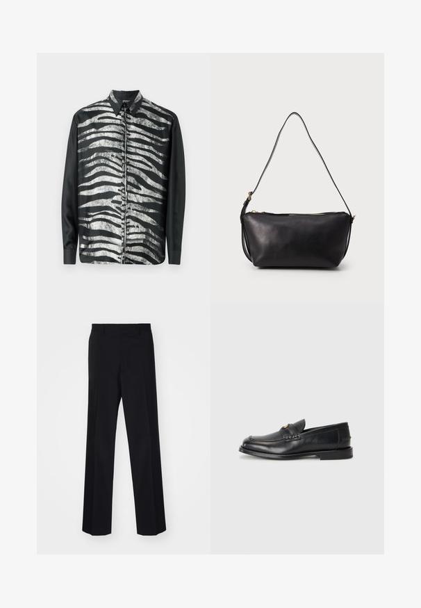 Juoda ir balta ilgomis rankovėmis marškiniai, puikuojantys zebro dryžių raštu, blizgiu paviršiumi ir tradiciniu apykaklės dizainu.; Juodos prisiūtos kelnes su plačiomis kojomis, turinčios sklandų paviršių ir aštrius raukšles, pagamintas iš audinio.; Juodi odiniai loaferiai turi apvalų nykštį, siuvinėtus detalės ir mažą aukso akcentą priekyje. Padas yra plokščias ir diskretiškas.; Juodas odinis pečių krepšys su viena ilga reguliuojama rankena ir auksine užtrauktuko uždarymo sistema viršuje, išdėstytas ant vientiso fono.
