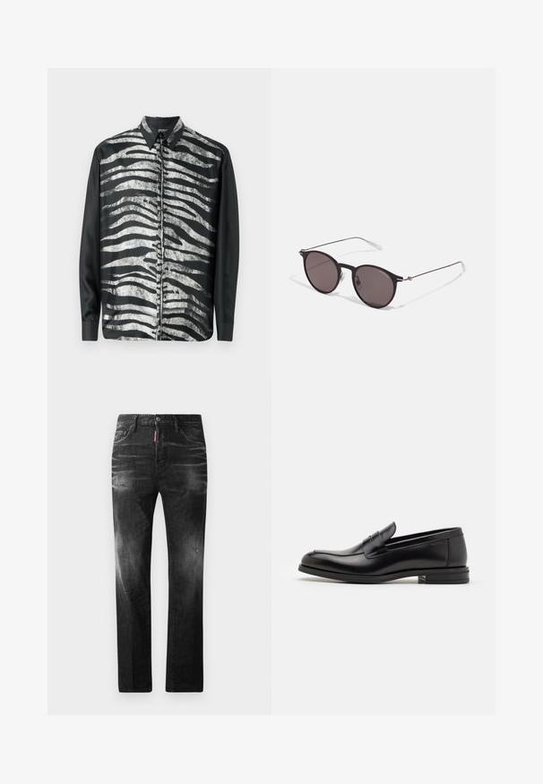 Melnbalta garām piedurknēm krekls ar zebras svītrām, ar spīdīgu tekstūru un tradicionālu apkakles dizainu.; Melni džinsi no denima ar taisnu piegriezumu. Iespējas ietver izbalējušas vietas, nelielas nodiluma pazīmes, klasisko piecu kabatu dizainu un pogu aizdari.; Melnas ādas kurpes ar gludu tekstūru, noapaļu purngalu un dekoratīvu siksniņu pāri priekšpusei. Zems sakrauts papēdis, minimālisma dizains.; Melni apaļi saulesbrilles ar tumšiem lēca un plānām metāla stangām. Iekļautas caurspīdīgas tempļu galviņas un sudraba akcenti pie eņģes. Minimalistisks dizains.
