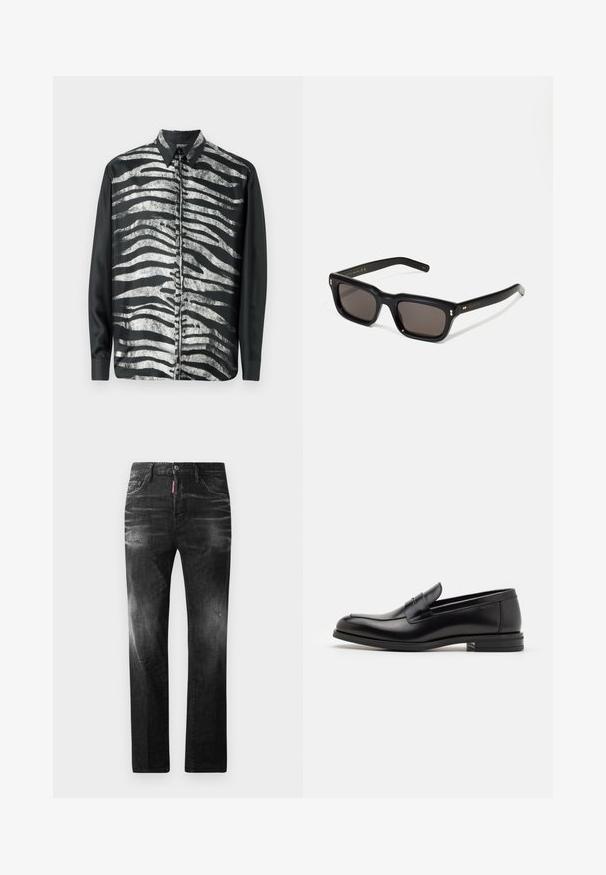 Fekete-fehér hosszúujjú ing, zebra csíkos mintával, fényes textúrával és hagyományos gallérkivágással.; Fekete farmernadrág egyenes szabással. Fakadó területek, kisebb kopások, klasszikus öt zsebes kialakítás és gombos zárás jellemzi.; Fekete bőr loaferek sima textúrával, kerek orral és dekoratív pánttal a vampnál. Alacsony, rétegelt sarkú, minimalista dizájn.; Fekete téglalap alakú napszemüveg sötét lencsékkel, vastag műanyag keret, arany díszítések a szárakon, és a márka logója gravírozva a szára.