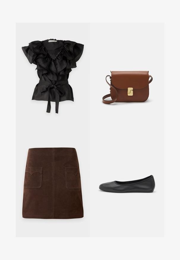 Ida Sjöstedt EYRA - Blúz - black; Barna velúr szoknya klasszikus A-vonalú fazonnal, két elülső zsebbel kerek fedéllel és diszkrét varrási részletekkel.; Fekete bőr balettcipő lekerekített orral, sima tekstúrával, minimális varrással és rugalmas talp kialakítással.; Barna bőr kézitáska, hajtókás zárással, arany színű fém kiegészítőkkel, vállpánttal és sima felülettel. Kompakt téglalap alakú.