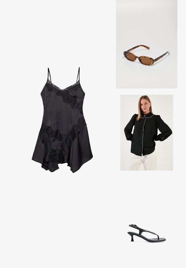 Čierna blúzka s riaseným golierom a bielym lemovaním, so zapínaním na gombíky, dlhými vyp puffovými rukávmi a ľahkým materiálom. Nosená s bielymi nohavicami.; Čierne saténové šaty s čipkovým lemovaním, s nastaviteľnými ramienkami a rozšíreným okrajom, mäkká textura a ozdobné volániky.; Čierne kožené sandále s elegantným dizajnom, tenkými popruhmi a nízkym podpätkom. Obsahujú kovovú sponu a hladký, textúrovaný stielku.; Žlté slnečné okuliare s oválnymi rámami, hnedými sklami a štíhlymi čiernymi stranami s jemnými vzorovými akcentmi.; Čierna textúrovaná taška s krátkymi uchami, s kovovým zapínaním a akcentmi v zlatej farbe. Dizajn je štruktúrovaný, s geometrickým siluetou.