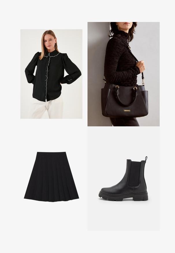 Juoda bliuska su banginiu apykakle ir baltais apdailos kraštais, mygtukų užsegimas priekyje, ilgos pūstiniai rankovės ir lengvas audinys. Nešiojama su baltais kelniais.; Juoda plisėta sijonas, pagamintas iš tekstūruotos medžiagos su prigludusia juosmens juosta. Siekia kelių ilgį, turi sklandžią, švarią siluetą.; Juodos odinės kulkšninės botai su elastinėmis šoninėmis juostomis, apvalia nosimi ir tekstūruotu guminiu padu. Yra kilpa gale, skirta patogiam užsidėjimui.; Juodas rankinės maišelis su struktūrizuota paviršiumi, dvigubais viršutiniais rankenėlėmis ir reguliuojamu peties diržu. Įrengtas aukso spalvos furnitūra ir šoninės kišenės.