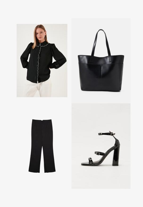 Musta pusero, jossa on aallotettu kaulus ja valkoinen reuna, napitettava etuosa, pitkät puffihihat ja kevyt kangas. Yhdistetty valkoisiin housuihin.; Mustat housut suoralinjaisella leikkauksella, joissa on etutaskut ja sivurei'ät helman alla. Valmistettu pehmeästä ja sileästä kankaasta. Sopii eri tilaisuuksiin.; Musta kiiltäväpintainen korkokengät, joissa on kaksi solkikiinnitystä, neliönmuotoinen kärki ja paksu korko, sileällä, kiiltävällä pintarakenteella.; Musta nahkainen kassi, jossa on kaksi pitkää kahvaa, sileä pinta ja jämäkkä muoto. Sisältää etutaskun lisävarastointia varten.