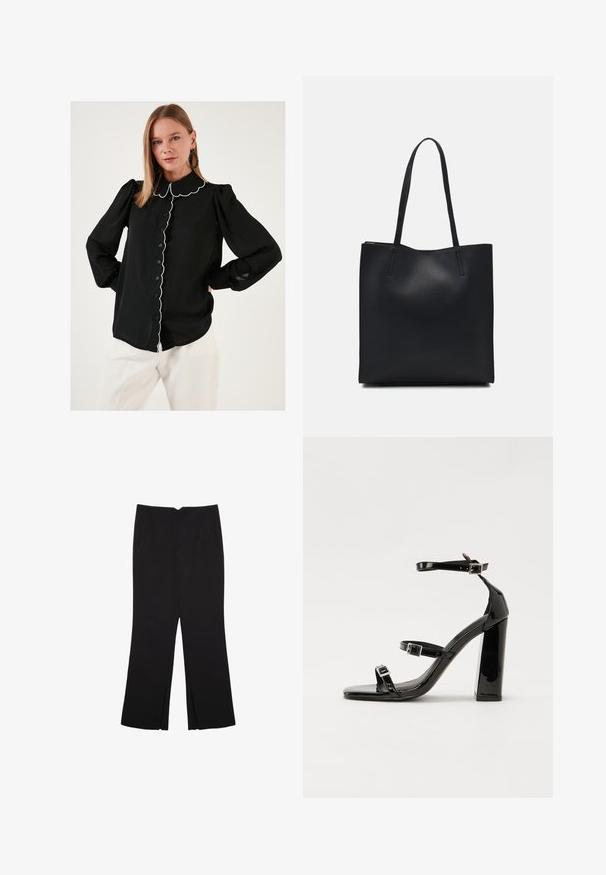 Sort bluse med bølget krave og hvid kant, knaplukning foran, lange puffede ærmer og letvægtsstof. Bæres med hvide bukser.; Sorte bukser med lige pasform, der har frontlommer og slidser i kanten. Lavet af blødt, glat stof. Velegnet til forskellige anledninger.; Sorte patenterede hælsandaler med firkantet tå, ankelremme og sølvspænder. Har en chunky blokHæl for stabilitet.; Sort læder tote taske med glat tekstur, rektangulær form og to lange hanke. Ingen synlig hardware eller udsmykninger.