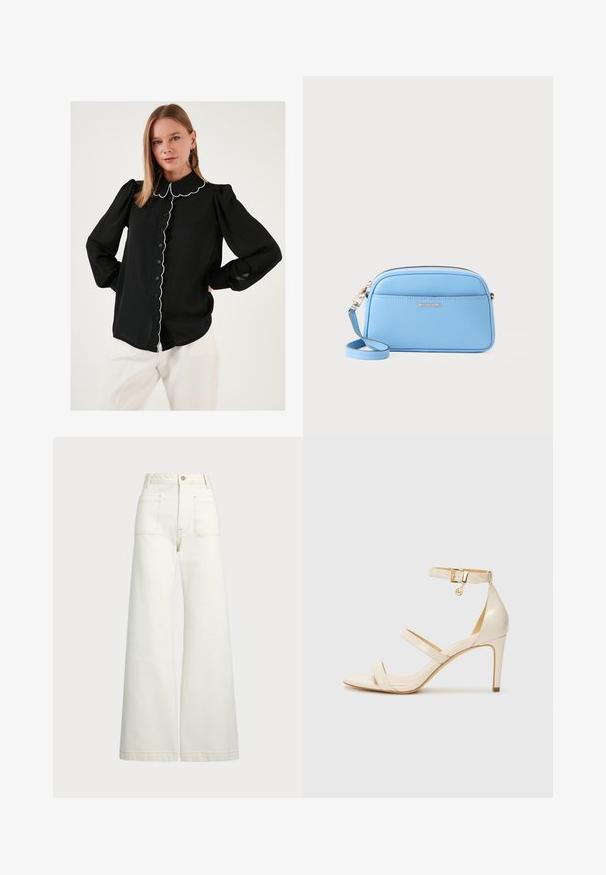 Fekete blúz, scallop díszítésű gallérral és fehér díszítéssel, gombos elejével, hosszú puffos ujjaival és könnyű anyagból készült. Fehér nadrággal viselve.; Széles szárú farmernadrág off-white denim anyagból. Magas derekú dizájn, gombos záródással, két elülső zsebbel és kontrasztos varrási részletekkel.; Beige magassarkú szandál vékony bokapánttal és két felső pánttal. Fényes lakk felület és arany hardware részlet a bokapánton.; Világoskék bőr keresztpántos táska aranyszínű fémszerelvényekkel, cipzáras záródással és elülső zsebbel. Állítható pánttal rendelkezik a kényelmes viselet érdekében.