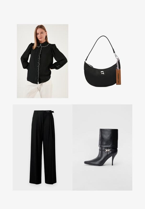 Black blouse with scalloped collar and white trim, button-down front, long puffed sleeves, and lightweight fabric. Worn with white trousers.; Black wide-leg trousers with a high waist, pleats at the front, and a belt featuring a buckle. Made from smooth, lightweight fabric.; Black leather ankle boot with a pointed toe, high stiletto heel, fold-over cuff, and a gold decorative buckle detail on the ankle.; Black leather handbag with a pebbled texture, curved shape, top zipper closure, silver hardware, and a brown tag. Features logo accent.
