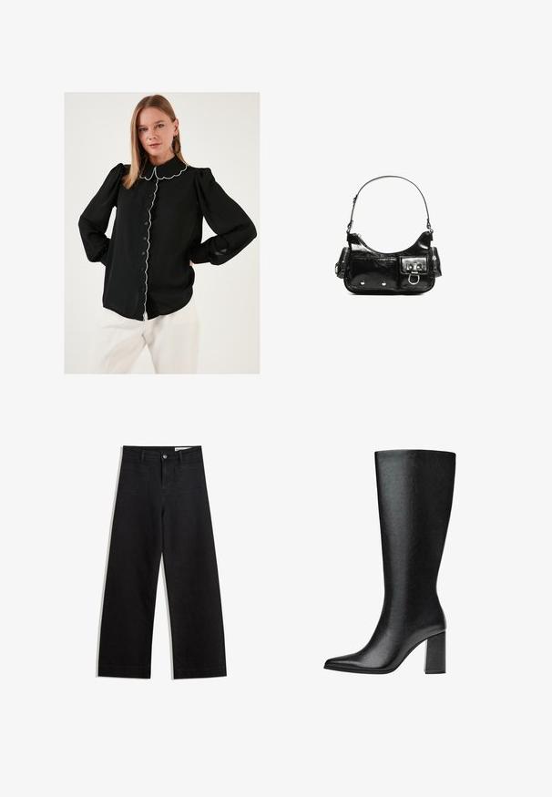 Schwarze Bluse mit gewelltem Kragen und weißem Saum, durchgehender Knopfleiste, langen puffigen Ärmeln und leichtem Stoff. Getragen mit weißen Hosen.; Schwarze weit geschnittene Jeans mit hoher Taille, ausgestattet mit Vorder- und Hintertaschen, gesteppten Nähten und einem Knopfverschluss. Glatte Textur.; Schwarze kniehohe Stiefel aus Kunstleder mit spitzer Zehe, glatter Oberfläche und blockartigem Absatz. Minimalistisches Design ohne sichtbare Akzente.; Schwarze Lackleder-Handtasche mit geschwungenem Design, einem Schulterriemen, Vordertaschen und silberfarbenen Hardware-Akzenten.