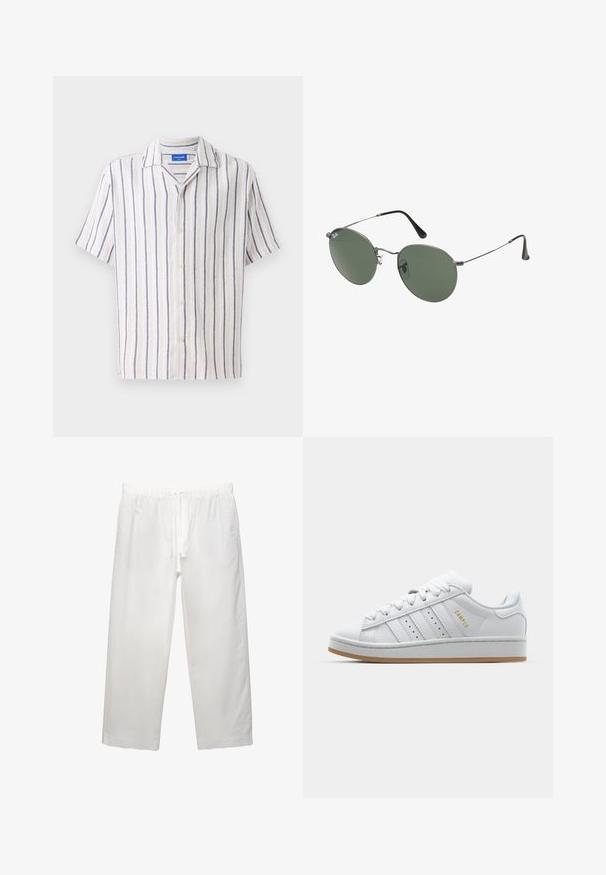 Chemise à col courte manches en crème avec des rayures verticales navy. Fabriquée en tissu texturé, elle dispose d'une fermeture par boutons devant.; T-shirt en coton blanc à manches courtes, col rond et coupe décontractée. Texture lisse sans motifs ou accents visibles.; Pantalons en lin blanc avec une taille élastique et un cordon de serrage, conception à jambes larges et coutures nettes. Texture lisse avec une coupe décontractée.; Baskets blanches avec un design perforé à trois rayures, des accents texturés, une semelle en caoutchouc et le logo "CAMPUS" en doré sur le côté.; Lunettes de soleil en métal avec des verres ovales verts. Monture en métal argenté mince et embouts d'oreille noirs. Design minimaliste, sans logos visibles.