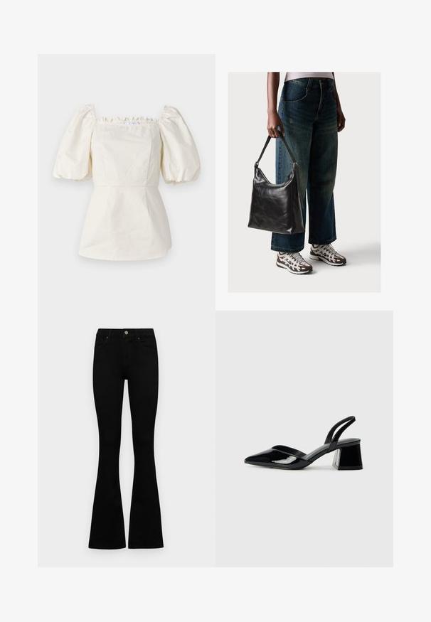Blusa branca de algodão com mangas curtas em forma de balão,Decote quadrado e acabamento com volantes. Corpete ajustado com detalhe de bainha em estilo peplum.; Jeans pretos de cintura alta com fecho de botão e zíper, bolsos frontais e pernas largas dispostos em cima de um fundo branco.; Sandy em verniz preto com salto slingback, ponta afilada e salto geométrico. Apresenta um design elegante e minimalista com textura suave.; Bolsa de ombro em couro preto com textura suave e alça ajustável, combinada com jeans de perna larga desbotados e ténis desportivos.