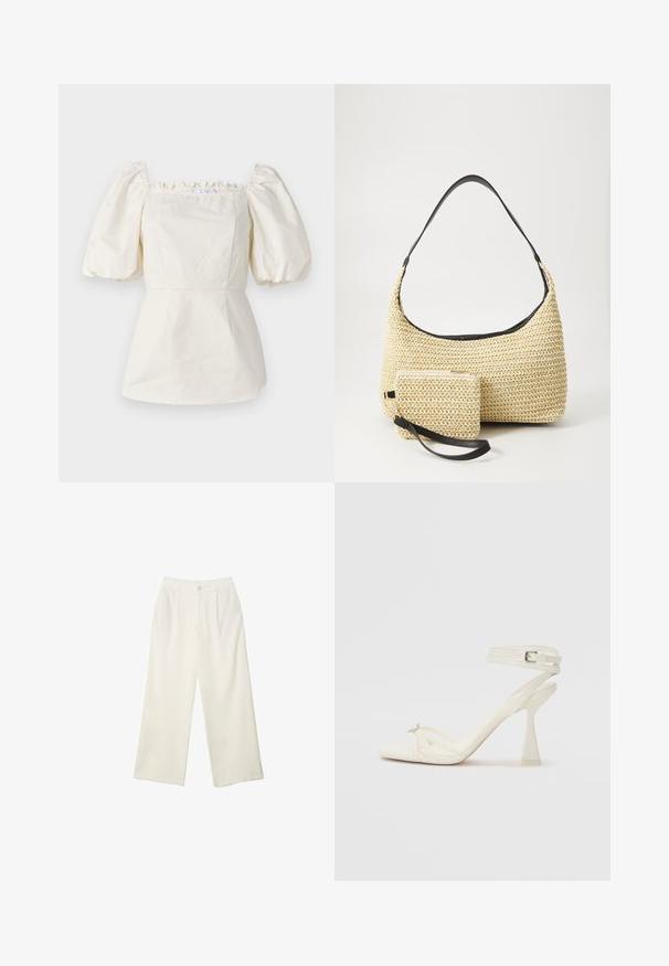 Biela bavlnená blúzka s krátkymi vyfúknutými rukávmi, štvorcovým výstrihom a volánikovým lemovaním. Priliehavý živôtik s detailom v štýle peplum na spodnej hrane.; Široké nohavice z krémovej látky s hladkou textúrou, s jedným predným gombíkom, jemnými skladmi a vysokým pásom.; Biele kožené sandále na vysokom podpätku s pásikmi, elegantným dizajnom, priehľadným blokovým podpätkom a dekoratívnym prvkom na špičke.; Tkaná slamenná kabelka s prehnutým siluetom, vybavená hladkým čiernym koženým popruhom a zodpovedajúcou malou taštičkou pripevnenou pomocou zápästného popruhu.