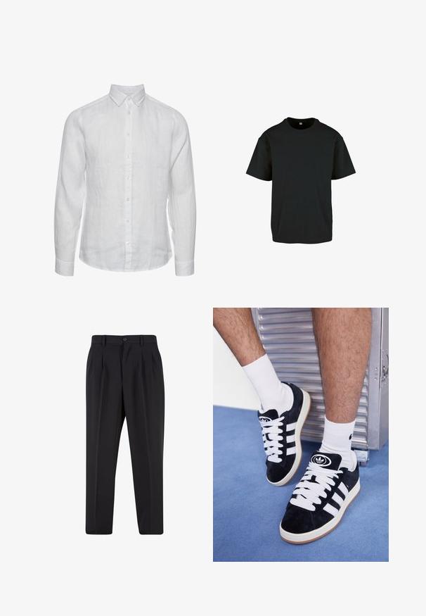 Valge linane pikkade varrukatega särk, klappkaelusega, eest nööpide sulgemisega ning peene tekstuuriga viimistlusega. Ei mingeid nähtavaid mustreid ega aktsente.; Must must t-särk ümmarguse kaelusega ja lühikeste varrukatega; omab lõdva lõiget ja siledat, tekstuurset pinda.; Mustad püksid, millel on voltidega eesmine disain, valmistatud siledast kangast. Omab nup closure ja vöökinnitusauke; sirge jalgade lõige.; Mustad nahkjalatsid valgete paelte ja kolme valge triibuga. Omab ümmargust musta logo keele peal ning kummist tallat.