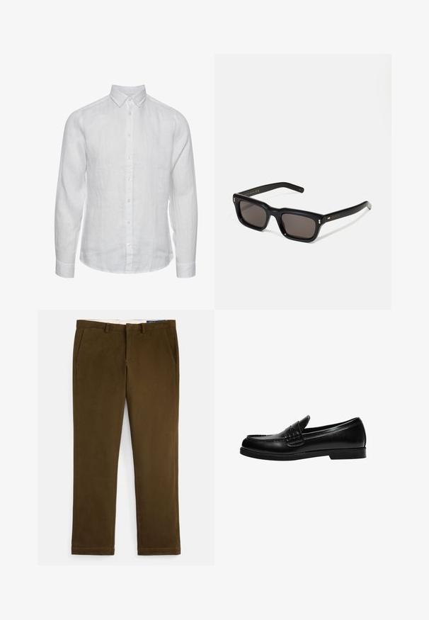 Bjela lanena košulja dugih rukava s kragnom na dugme, prednjim zatvaranjem na dugmad i suptilnom teksturiranom završnom obradom. Bez vidljivih uzoraka ili akcenta.; Smeđe pamučne chino hlače glatkog završetka, ravnog prednjeg dijela, bočnih džepova i ravnih nogavica. Imaju diskretan šav duž rubova.; Crna kožna loafer cipela s glatkom površinom, koja ima šavnu obradu na gornjem dijelu i nisku, čvrstu crnu gumenu podlogu.; Crne pravokutne sunčane naočale s tamnim lećama, debelim plastičnim okvirom, zlatnim akcentima na sljepoočnicama i logotipom marke ugraviranim na dršku.; Navy plavi vuneni šal s resicama na krajevima i suptilnim narančastim vezenim logotipom. Glatka tekstura, pravokutni oblik i minimalistički dizajn.