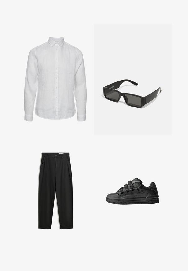 Cămașă albă din in cu mâneci lungi, guler cu nasturi, închidere frontală cu nasturi și un finisaj texturat subtil. Fără modele sau accente vizibile.; Pantaloni negri din bumbac cu croială lejeră, având un brâu clasic, plii frontale și buzunare laterale. Textură netedă fără modele.; Adidași negri cu o parte superioară din piele netedă, accente texturate și șireturi rotunde negre și albe. Talpă groasă din cauciuc cu un profil texturat.; Ochelari de soare negri cu lentile dreptunghiulare, cadru din plastic mat și margini drepte. Prezintă logo-ul mărcii pe brațul interior.