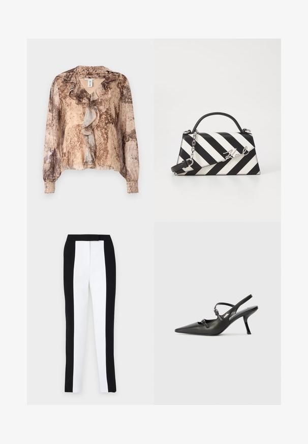 Long-sleeve blouse with a snakeskin pattern in shades of beige and brown, featuring a ruffled front and gathered sleeves. Soft, lightweight fabric.; Black and white tapered trousers featuring a slim fit with contrasting panels. Fabric has a smooth texture; waistband is flat and fitted.; Black leather slingback heels with a pointed toe, slender heel, and decorative buckle detail on the vamp. Smooth texture and sleek design.; Black and white striped handbag with a structured shape, featuring a top handle, a detachable chain strap, and metallic logo accent.