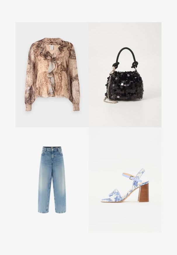 Hosszú ujjú blúz kígyóbőr mintával bézs és barna árnyalatokban, fodros elülsőrész és ráncolt ujjak jellemzik. Puha, könnyű anyag.; Széles lábú kék farmernadrág magas derekkal, világos mosással, finom kopással, dupla varrásokkal és gombos záródással elöl.; Kék virágmintás szandál négyzetes orral, széles pánttal és állítható bokapánttal, texturált fa sarokkal.; Fekete flitteres mini kézitáska csomózott textúrájú pánttal és ezüst lánccal. Lekerekített forma, ráncolt tetejével és fényvisszaverő részletekkel.