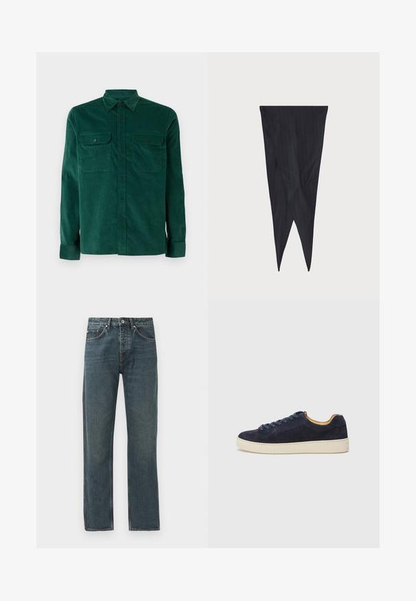 Michael Kors CLASSIC MICRO - Shirt - dark emerald; Dark blue denim jeans with a straight leg design, featuring five pockets, a button closure, and contrasting stitching details.; Navy suede low-top sneaker with rounded toe, off-white rubber sole, and matching laces; features a contrasting tan interior lining.; Navy pinstriped fabric, tapered design, elongated shape with pointed ends, smooth texture with vertical stripes, no visible hardware.