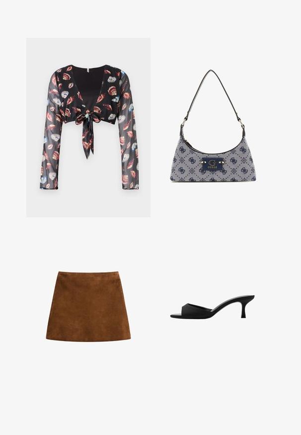 Czarny krótki przezroczysty top z długimi rękawami, z zapięciem nawiązywanym z przodu oraz kolorowymi wzorami muszli w odcieniach czerwieni, niebieskiego i kremowego.; Brązowa zamszowa spódnica mini o gładkiej teksturze, kształcie litery A i czystym wykończeniu. Bez widocznych elementów metalowych ani wzorów. Prosty i elegancki design.; Czarne klapki na wysokim obcasie z szerokim, otwartym noskiem i zakrzywioną cholewką. Wykonane z teksturowanej tkaniny, z wąskim obcasem i gładką podeszwą.; Torba hobo w granatowym materiale z diamentowym wzorem, z okuciem z logo oraz gładkim paskiem na ramię. Teksturowana powierzchnia.
