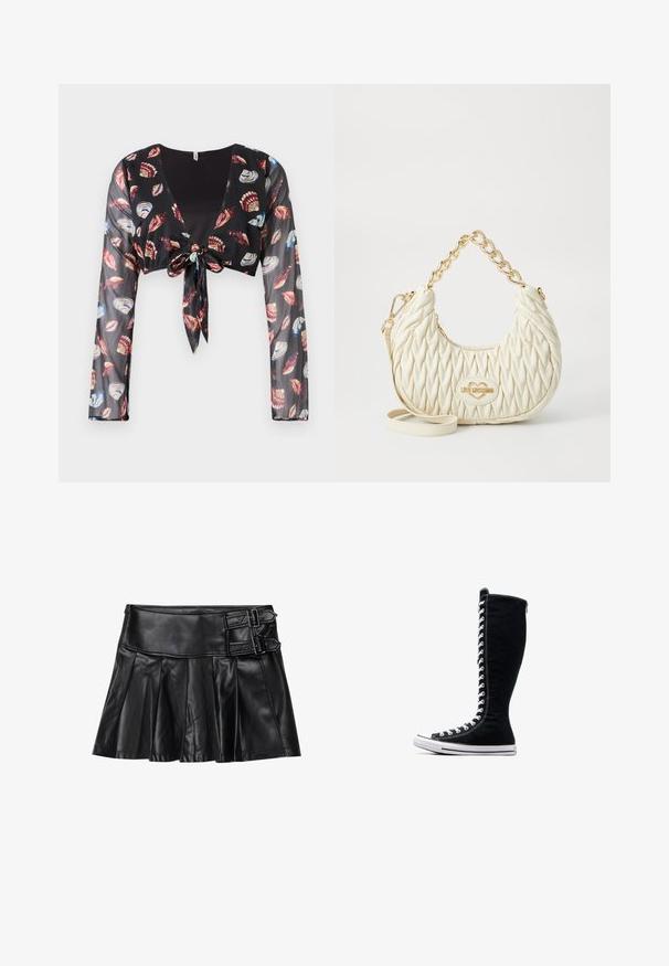 Fekete, rövidített, áttetsző felső hosszú ujjal, elöl megkötős záródással, piros, kék és krémszínű kagylómintákkal díszítve.; Fekete bőrnadrág redőkkel, széles derékrésszel és két csattal az oldalon. Sima textúra fényes felülettel.; Fekete magasszárú tornacipők, magas kialakítással, vászonból készült. Fehér fűzőkkel, varrással és gumitalppal rendelkezik, melynek elülső része meg van erősítve.; Tömörített fehér kézitáska szintetikus anyagból, arany lánc fogantyúval és logó táblával, ívelt formával és texturált felülettel.