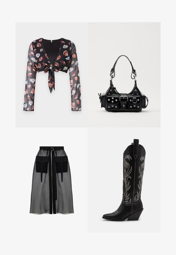 Top trasparente nero corto con maniche lunghe, dotato di una chiusura con nodo frontale e di colorati motivi di conchiglie in rosso, blu e crema.; Gonna nera trasparente con una vita arricciata, dotata di due ampie tasche frontali, un laccetto in vita e un ornamento metallico circolare.; Stivali da cowboy in pelle nera con punte affusolate, tacchi a zoccolo e motivi floreali ricamati in argento lungo il gambale. Cuciture a contrasto in tutto lo stivale.; Borsa a mano in pelle nera con design curvo, caratterizzata da borchie argentate, una fibbia e due tasche laterali. Tracolla regolabile per diverse opzioni di trasporto.
