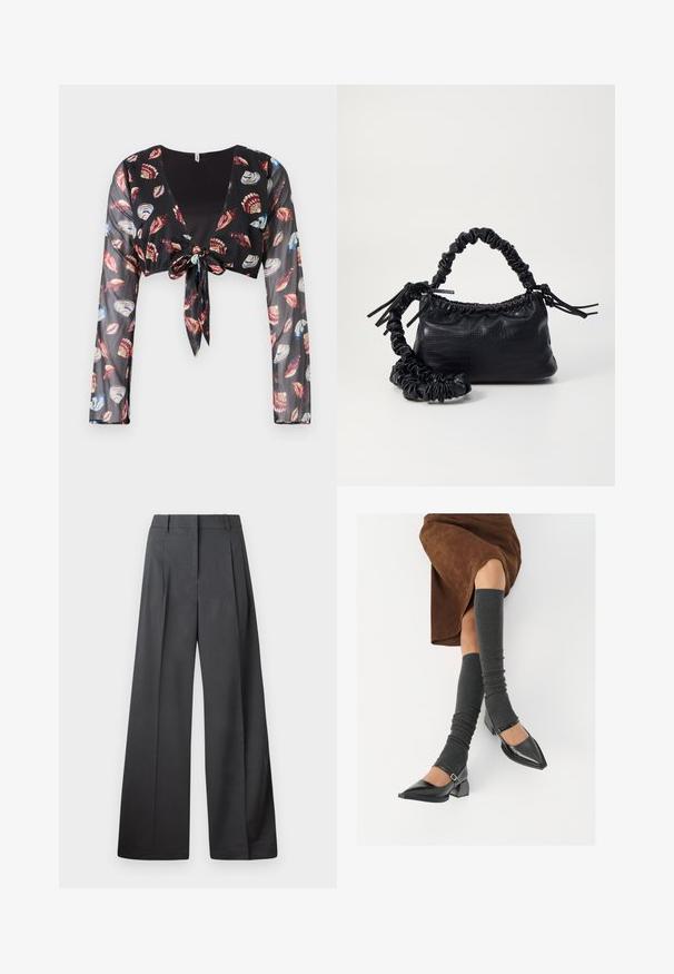 Melnas īsas caurspīdīgas blūzes ar garām piedurknēm, kurām ir priekšā sasienama aizdare un krāsaini čaulas raksti sarkanā, zilā un krēmkrāsas tonī.; Platās kājas bikses tumši pelēkā audumā, ar augstu jostasvietu, ar vienu uzpūstu vīli un gludu tekstūru ar tīru apdari ap malām.; Melnas laka ādas apavi ar norādītu purngalu, blokveida papēdi un potīšu jostu, saskaņoti ar pelēkām ribotām kāju sildītājām un brūnu zamšādas svārku.; Melnā mākslīgās ādas rokassoma ar krokodila rakstu, savilkta augšdaļa un saburzīta siksna. Izskatās mīksta un kompakta pēc dizaina.