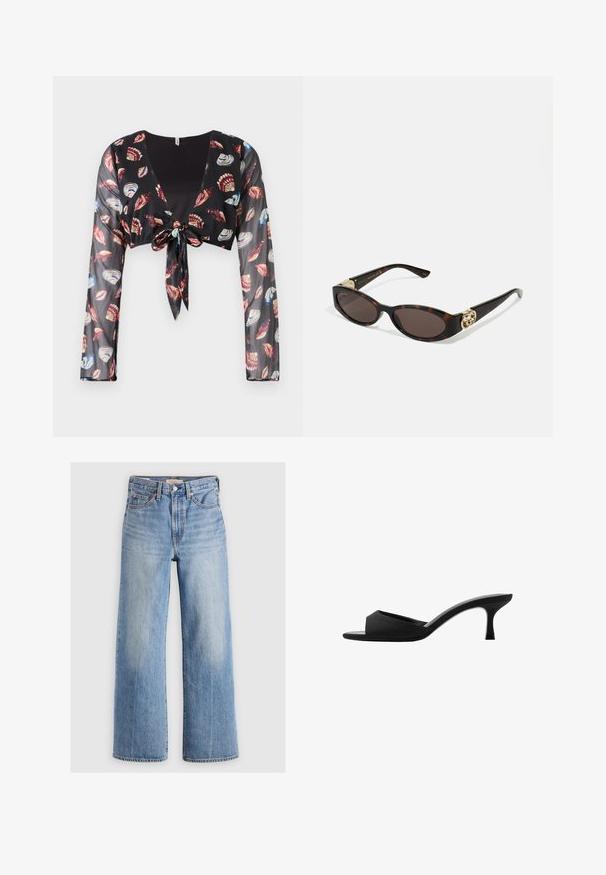 Haut transparent noir cropped avec des manches longues, présentant une fermeture à nouer à l'avant et des motifs de coquillages colorés en rouge, bleu et crème.; Jeans larges en denim bleu clair avec une taille haute, zones décolorées, cinq poches et coutures contrastées. Fermeture classique à bouton et à glissière.; Mules noires à talons avec un large bout ouvert et un dessus incurvé. Fabriqués en tissu texturé, avec un talon mince et une semelle lisse.; Lunettes de soleil en écaille, avec des verres ovales allongés, teinte marron, accents de logo doré sur les branches et montures noires élégantes.
