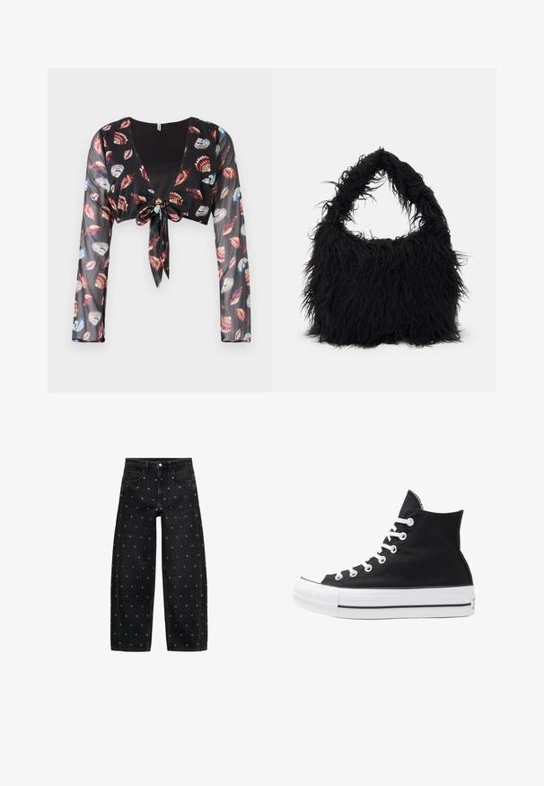 Black cropped sheer top with long sleeves, featuring a front tie closure and colorful shell patterns in red, blue, and cream.; Black denim wide-leg jeans featuring a pattern of small silver grommets, with a classic five-pocket design and button front closure.; High-top black canvas sneaker with white eyelets, laces, and rubber sole. Features a textured toe cap and black and white stripe accents.; Even&Odd Tote bag - black