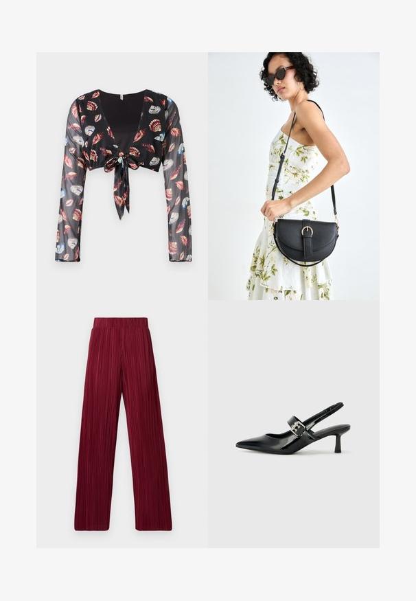 Haut transparent noir cropped avec des manches longues, présentant une fermeture à nouer à l'avant et des motifs de coquillages colorés en rouge, bleu et crème.; Pantalons larges plissés bordeaux avec une taille élastique. Le tissu texturé présente des rayures verticales. Coupe droite jusqu'à l'ourlet.; Escarpins slingback en cuir verni noir avec un bout pointu et un petit talon bloc, mettant en avant un accent en boucle argentée sur la sangle.; Sac à main en cuir noir avec une forme courbée, bandoulière amovible et des accessoires en or. Le sac est doté d'un rabat avec un détail de boucle.