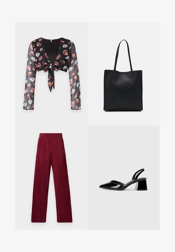 Top preto recortado e transparente com mangas longas, apresentando um fecho frontal com laço e padrões coloridos de conchas em vermelho, azul e creme.; Calças largas plissadas em cor bordeaux com cintura elástica. O tecido texturizado apresenta riscas verticais. Corte reto até à bainha.; Sandy em verniz preto com salto slingback, ponta afilada e salto geométrico. Apresenta um design elegante e minimalista com textura suave.; Bolsa tote preta em couro com textura lisa, forma retangular e duas alças longas. Sem hardware ou enfeites visíveis.