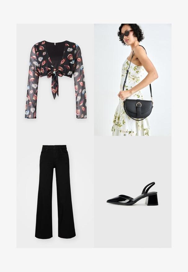 Black cropped sheer top with long sleeves, featuring a front tie closure and colorful shell patterns in red, blue, and cream.; Black wide-leg pants made of denim, featuring a structured waistband, belt loops, and front pockets. Smooth texture with a classic design.; Black patent leather slingback heels with a pointed toe and a geometric block heel. Features a sleek, minimal design and smooth texture.; Black leather handbag with a curved shape, detachable strap, and gold hardware. The bag features a flap with a buckle detail.