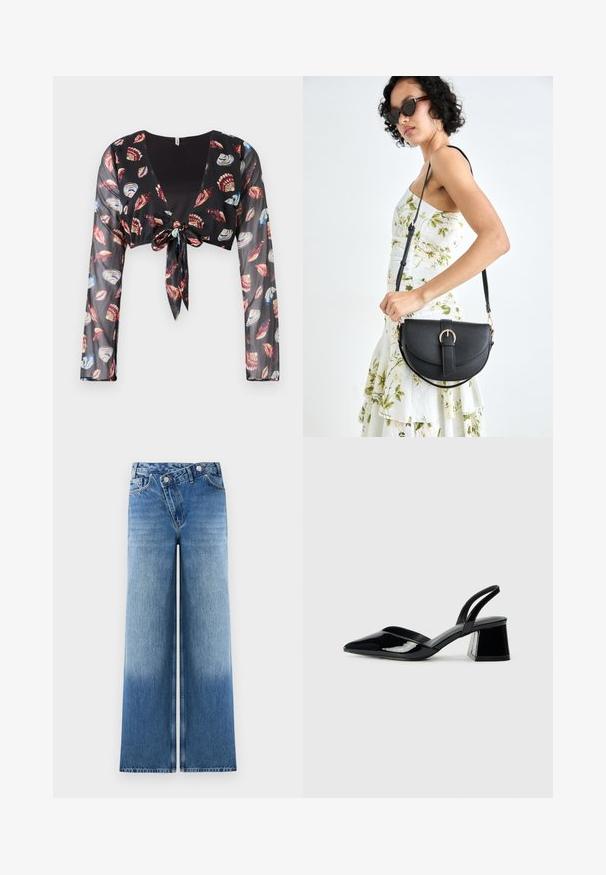 Top trasparente nero corto con maniche lunghe, dotato di una chiusura con nodo frontale e di colorati motivi di conchiglie in rosso, blu e crema.; Jeans azzurri a gamba larga con un lavaggio sbiadito, dotati di un classico design a cinque tasche e dettagli in metallo sui bottoni in vita.; Décolleté in vernice nera con punta affusolata e tacco in geometria cubica. Presentano un design elegante e minimalista, con una texture liscia.; Borsa a tracolla nera in pelle con una forma curva, manico rimovibile e accessori dorati. La borsa presenta una patta con un dettaglio a fibbia.
