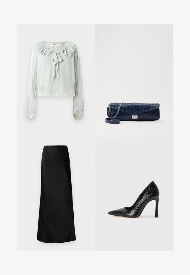 Jasnozielona bluzka z falowanym dekoltem, z detalem w postaci wiązania oraz długimi rękawami. Wykonana z miękkiego, zwiewnego materiału z marszczonymi mankietami.; Norma Kamali - Długa spódnica; Czarne szpilki z ostrym noskiem, pokryte teksturą skóry krokodyla, charakteryzujące się eleganckim wzornictwem, wysokim obcasem w stylu stiletto oraz gładkim czarnym wnętrzem.; Granatowa skórzana kopertówka o strukturze krokodyla, z srebrnym łańcuszkiem i metalowym zapięciem. Prostokątny kształt z zapięciem na klapkę.