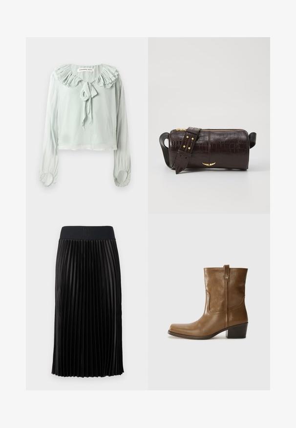 Svetlozelená blúzka s volánikmi na výstrihu, detailom na viazanie a dlhými rukávmi. Vyrobená z mäkkého, splývavého materiálu s nariasenými manžetami.; Čierna plisovaná sukňa s hladkou textúrou, so širokým čiernym pásom s vyrazeným nápisom "HUGO." Dizajn po kolená.; Hnedé kožené členkové topánky so štvorcovou špičkou, textúrovaným povrchom a nízkym vrstveným podpätkom. Obsahujú zadný úchyt a diskrétne prešívanie.; Hnedá taška z kože s embosovaným vzorom krokodíla, cylindrického tvaru, so zlatými hardvérovými doplnkami a odnímateľným popruhom so štítkami.