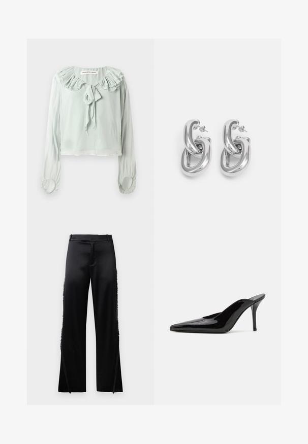 Világoszöld blúz fodros dekoltárral, megkötő részlettel és hosszú ujjakkal. Puha, lágy anyagból készült, összegyűrt mandzsettákkal.; Fekete selyem nadrág, széles szárakkal, oldalsó varrásain frufru részletekkel és lapos elülső derékrészes. Egyszerű hátul zsebek nélkül.; Fekete lakkbőr magas sarkú mules cipő, hegyes orral és karcsú sz Siluettel, nyitott hátsó résszel és vékony stilettó sarokkal.; Rabanne XL LINK DOUBLE HOOP EARRING - Fülbevalók - silver-coloured