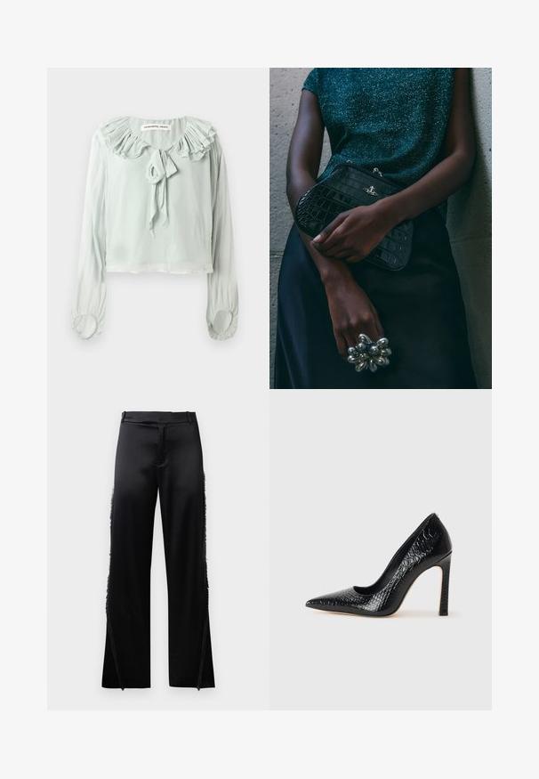 Vaaleanvihreä pusero, jossa on röyhelökaulus, nauhakiinnitys ja pitkät hihat. Valmistettu pehmeästä, virtaavasta kankaasta, jossa on kerätyt hihansuut.; Musta satiinifarkut leveillä lahkeilla, joissa on fringed yksityiskohtia sivusaumojen varrella ja tasainen vyötärönauha edessä. Takana pelkistetty ilme ilman taskuja.; Musta kapea nilkkakorkokenkä krokotiilin nahkakuviolla, joka on varustettu tyylikkäällä muotoilulla, korkealla stiletto-korkealla ja sileällä mustalla sisäosalla.; Musta krokotiilihäntäinen penaali, jossa on hopeiset yksityiskohdat, pidetään teksturoitua harmaata taustaa vasten. Pintamateriaali kiiltävä.