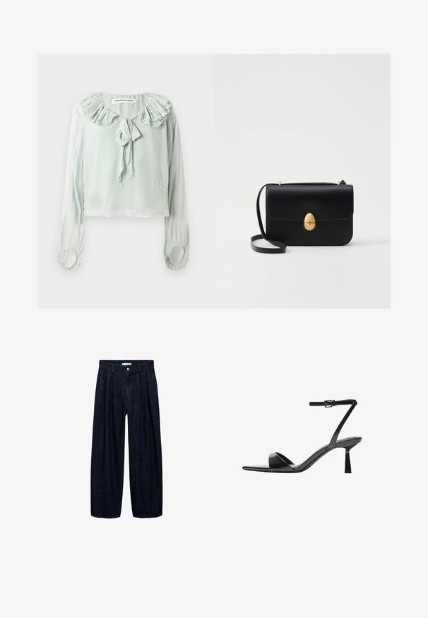 Světle zelená blůza s volánovým výstřihem, detailem na zavazování a dlouhými rukávy. Vyrobena z měkké, splývavé látky s nařasenými manžetami.; Tmavě modré rozšířené kalhoty z denimu s přehyby v pase, vybavené předním knoflíkem a poutky na opasek. Hladká textura a design v plné délce.; Bershka Sandály na vysokém podpatku - black; Černá kožená kabelka se strukturovaným obdélníkovým tvarem. Obsahuje zlatou oválnou sponu a tenký ramenní popruh. Hladký povrch.