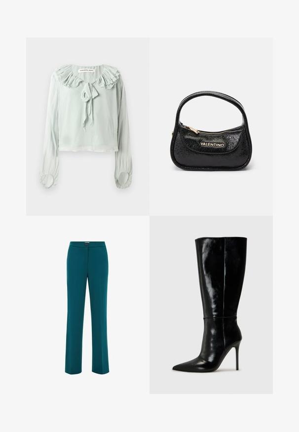 Bluză verde deschis, cu un guler ondulat, detaliu cu fundă și mâneci lungi. Fabricată dintr-un material moale și fluid, cu mansete plisate.; Pantaloni drepti teal cu o textură netedă, având un închizător cu buton la talie și un design minimalist.; Botine din piele neagră, până la genunchi, cu vârf ascuțit și tocuri înalte de tip stiletto. Textură netedă și design elegant, cu detalii minime.; Geantă de umăr din piele neagră cu un finisaj texturat, formă rotundă și un singur mâner. Caracteristici: buzunar cu fermoar frontal și branding în tonuri de aur.
