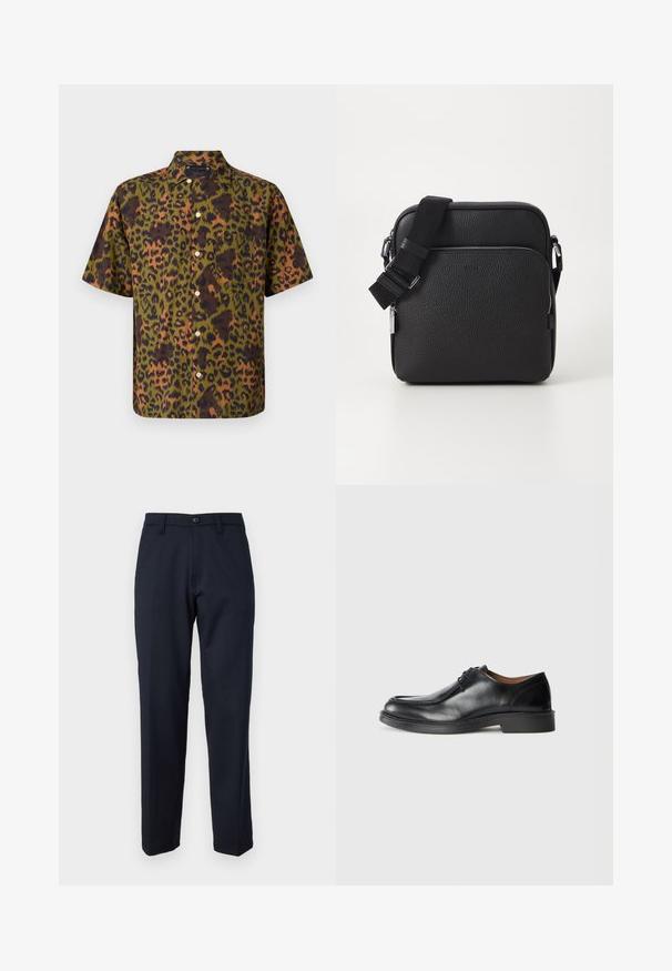 Korte mouwen shirt in een luipaardprint, met tinten groen, bruin en oranje, een knoopsluiting aan de voorkant en een enkele borstzak.; Marineblauwe broek van gladde stof, met een knoop aan de voorkant, recht model en zijzakken. Geen patronen of versieringen zichtbaar.; Zwarte leren dresschoenen met een ronde neus, een gladde afwerking, veters en een lage, gestructureerde rubberen zool. Strakke lijnen en een minimalistisch ontwerp.; Zwarte leren schoudertas met een gestructureerd oppervlak, voorzien van een voorzak met rits, een verstelbare schouderband en metalen accenten.