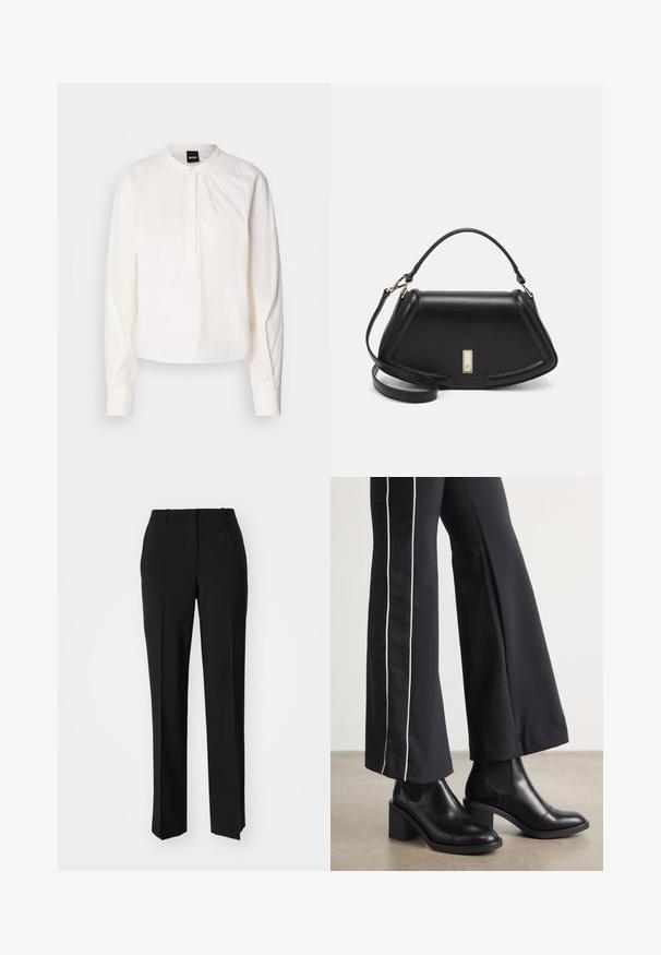Fehér, hosszú ujjú blúz lekerekített gallérral és gombos elülső résszel, finom függőleges csíkokkal, sima háttér előtt bemutatva.; Fekete, testhezálló nadrág egyenes szárú kivitelben, sima textúrával és éles redőkkel az elején. Nincs látható fémalkatrész.; Fekete bőr bokacsizma, tömbsarkúval, oldalán rugalmasszal ellátott panelek találhatók. Fekete nadrággal párosítva, amelynek fehér oldalsávja van.; Fekete bőr kézitáska, strukturált dizájnnal, rövidített formával, felső fogantyúval és arany színű kiegészítőkkel. Állítható vállpánt is tartozik hozzá.