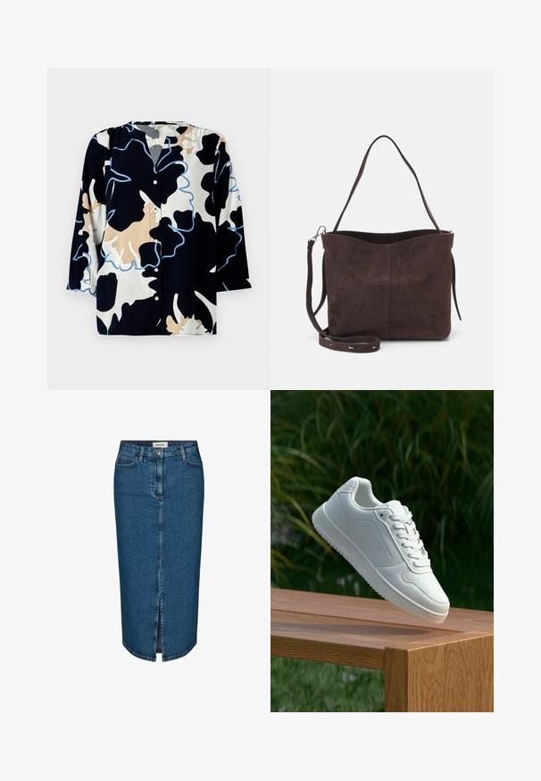 Floral-patterned blouse with a dark navy base, featuring beige and light blue accents, a button front, and three-quarter sleeves.; Denim pencil skirt in dark blue, featuring a front slit, five pockets, and contrasting stitching. Mid-rise waist with a classic design.; White sneaker with a smooth synthetic upper, perforated toe box, flat laces, and a textured sole, displayed on a wooden surface.; Brown suede tote bag with a soft texture, featuring a single shoulder strap and a subtle curved top opening. No visible hardware details.